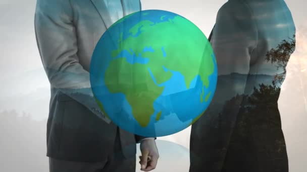 Animation Globe Businesswoman Handshake Global Business Finances Connections Deal Concept — Stock Video