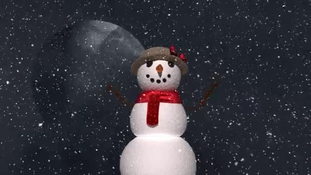 在冬日的景色里 雪花飘落在雪人身上 与夜空中的月亮相映成趣 圣诞节的庆祝和庆祝概念 — 图库视频影像