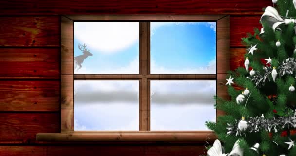 窓やクリスマスツリーを通して見られるトナカイとそりでのサンタクラスのアニメーション クリスマス お祝いのコンセプトをデジタルで — ストック動画