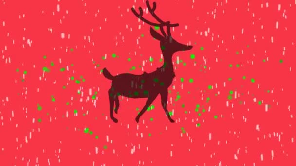 Animation Reindeer Falling Confetti Red Background Christmas Tradition Celebration Concept — Stock Video