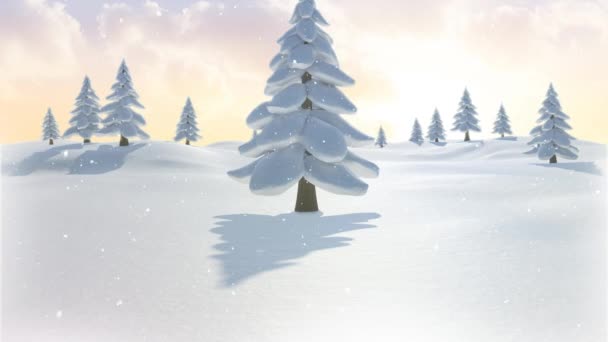雪が空の雲に対して冬の風景の上に複数の木の上に落ちる クリスマス フェスティバルとお祝いのコンセプト — ストック動画