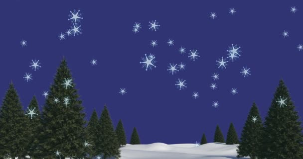 Mehrere Sterne Fallen Über Bäume Der Winterlandschaft Vor Blauem Hintergrund — Stockvideo