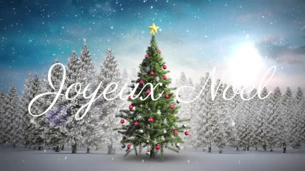Animatie Van Joyeux Noel Tekst Kerstboom Sneeuw Vallen Het Winterlandschap — Stockvideo