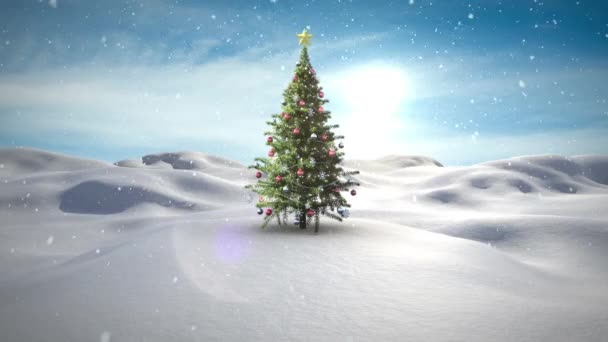 Animation Von Schnee Der Über Den Weihnachtsbaum Der Winterlandschaft Fällt — Stockvideo