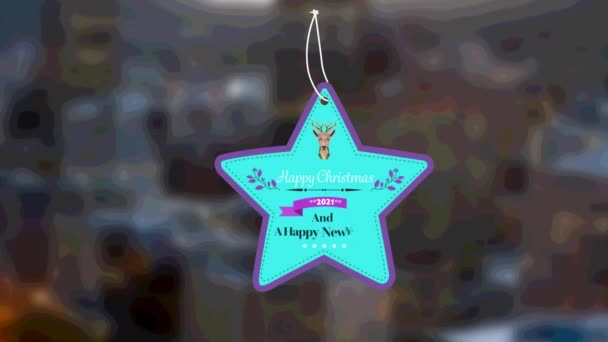Estrella Forma Feliz Navidad Año Nuevo Banner Texto Contra Edificios — Vídeos de Stock