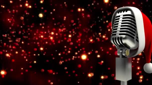Santa Klobouk Přes Mikrofon Proti Červeným Tečkám Světla Černém Pozadí — Stock video