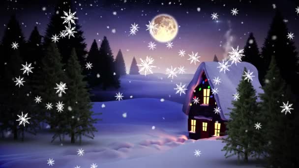 冬の風景の中に家に降る雪のアニメーション クリスマス お祝いのコンセプトをデジタルで — ストック動画