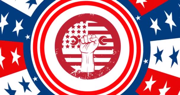 Анимация Руки Гаечным Ключом Над Флагом Американского Образца Американский Патриотизм — стоковое видео