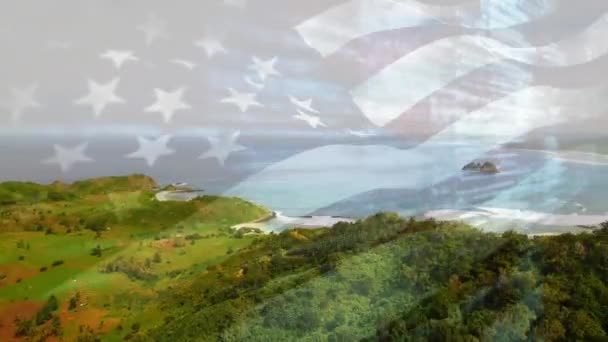 Animacja Flagi Usa Wieje Nad Krajobrazem Plaży Podróże Wakacje Patriotyzm — Wideo stockowe
