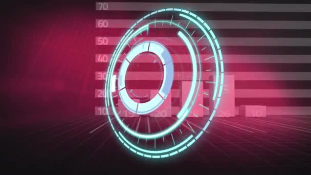 在粉色光下 用箭头和心率监测器在图表上旋转安全锁的动画 全球通信 数字接口和数据安全概念 — 图库视频影像
