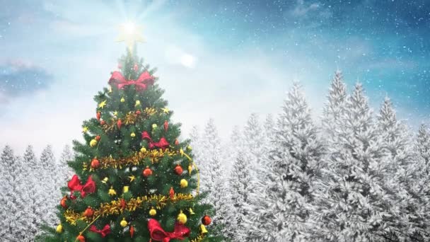 Animatie Van Kerstboom Boven Het Winterlandschap Kerstmis Traditie Viering Concept — Stockvideo