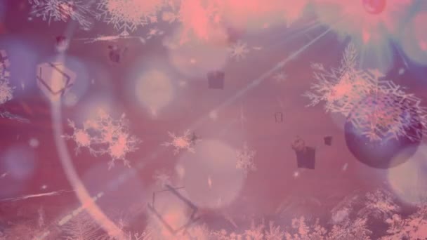 Animation Christmas Presents Balls Snow Falling Bokeh Background Red Filter — Stock Video