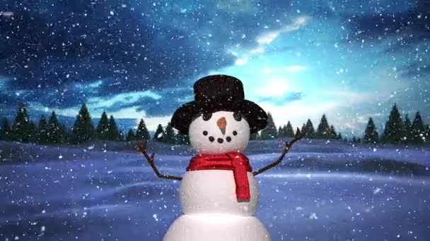 Animation Snowman Snow Falling Snowy Landscape Christmas Winter Tradition Celebration — Stock Video