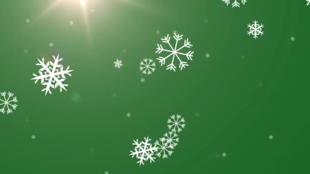 Анімація Снігу Падає Світиться Світло Над Зеленим Тлом Різдво Зима — стокове відео
