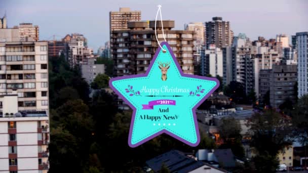 Estrela Forma Natal Feliz Banner Texto Ano Novo Contra Vista — Vídeo de Stock