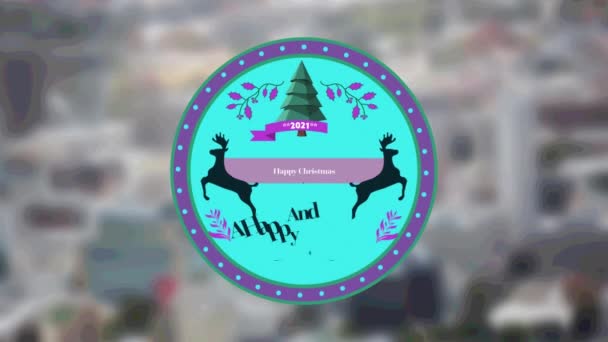 Animation Von Weihnachtsgrüßen Auf Tag Unscharf Stadtbild Hintergrund Weihnachten Tradition — Stockvideo