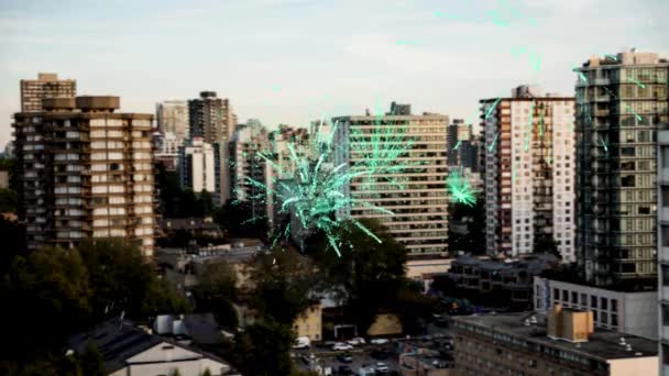 Feliz Año Nuevo Texto Sobre Fuegos Artificiales Estallando Contra Vista — Vídeo de stock