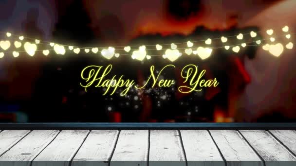 Animatie Van Feeënlichtjes Vrolijke Nieuwjaarstekst Houten Planken Kerstmis Winter Traditie — Stockvideo