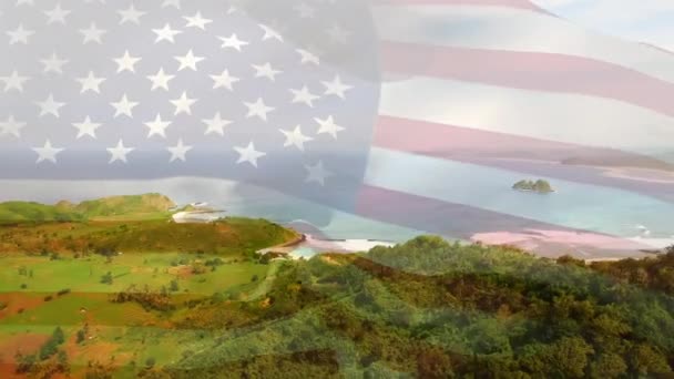 Animación Bandera Soplando Sobre Paisaje Playa Viajes Vacaciones Patriotismo Concepto — Vídeos de Stock