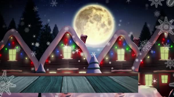 Animación Santa Claus Trineo Con Renos Nevadas Luna Decoraciones Navideñas — Vídeo de stock