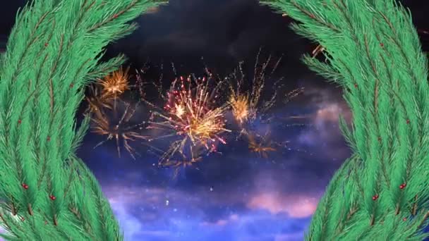 Animation Von Misteln Über Feuerwerk Auf Dunklem Hintergrund Weihnachten Tradition — Stockvideo