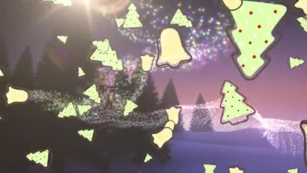 Çanların Yılbaşı Ağaçlarının Parlayan Bulanık Işıkların Üzerine Düşüşünün Animasyonu Noel — Stok video
