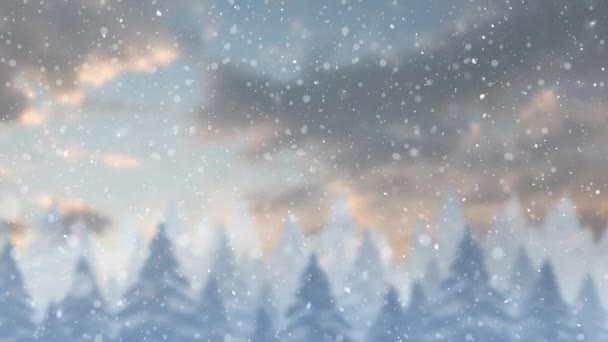 Χιόνι Πέφτει Πάνω Από Πολλαπλά Δέντρα Στο Χειμερινό Τοπίο Ενάντια — Αρχείο Βίντεο