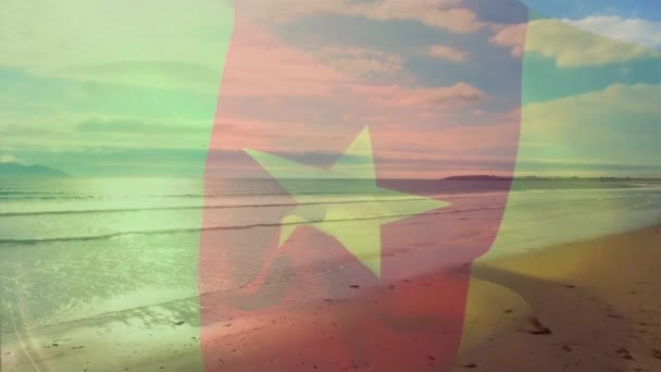 Animation Flagga Kamerun Blåser Över Stranden Landskap Resor Semester Patriotism — Stockvideo