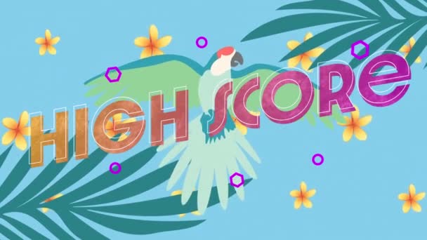 Animation Von Highscore Text Über Lila Pflanzen Und Vögel Hintergrund — Stockvideo