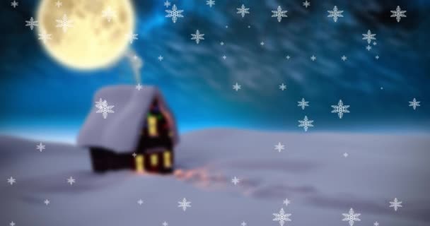 Анімація Снігу Падає Нічний Зимовий Пейзаж Будинком Різдво Традиція Концепція — стокове відео