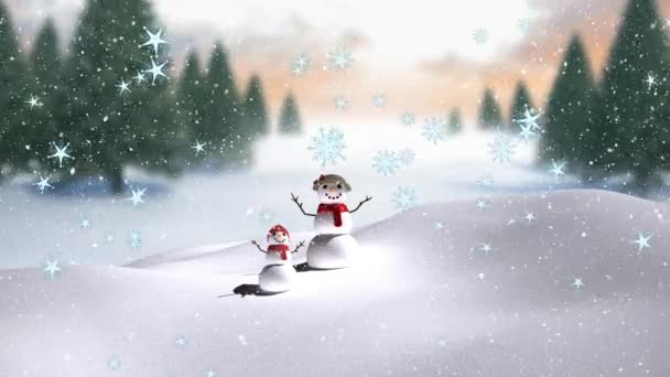 Animación Nieve Cayendo Sobre Madre Sonriente Muñeco Nieve Niño Paisaje — Vídeo de stock
