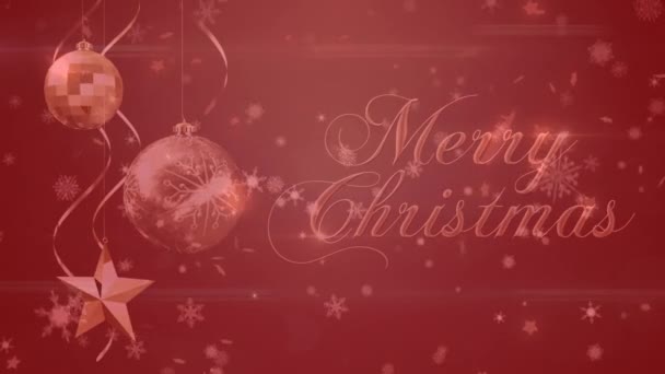 クリスマスと陽気なクリスマスのテキストのアニメーション 赤いフィルターを背景にボール クリスマス 伝統とお祝いのコンセプトデジタルで生成されたビデオ — ストック動画