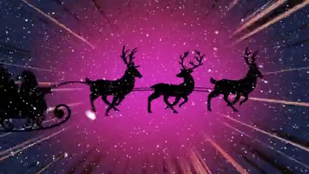 Animatie Van Sneeuw Vallen Kerstman Slee Met Rendieren Kleurrijke Achtergrond — Stockvideo