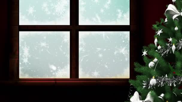 Animation Christmas Tree Snow Falling Seen Window Blue Background Christmas — Stock Video