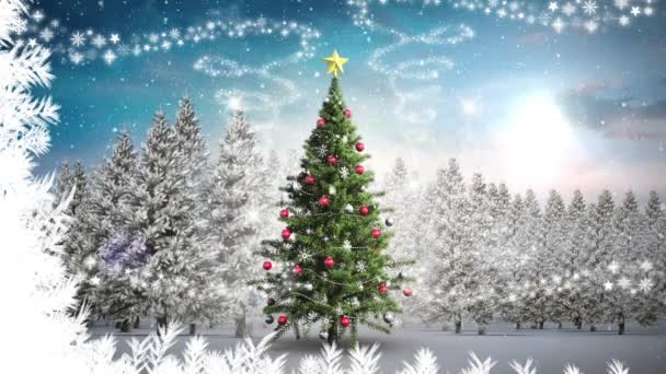 Neige Tombant Sur Arbre Noël Sur Paysage Hivernal Contre Les — Video