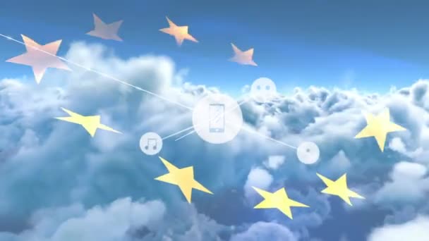在欧洲联盟的旗帜和云彩上动画图标与智能手机的连接网络 全球连接 数字接口和数字视频技术概念 — 图库视频影像