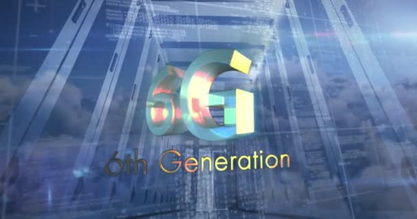 在数据处理和服务器机房上动画6G文本 全球通信技术概念数字生成视频 — 图库视频影像