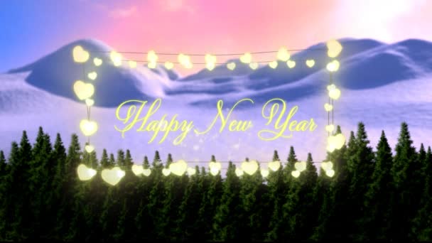 Feliz Ano Novo Texto Sobre Amarelo Brilhante Coração Forma Luzes — Vídeo de Stock
