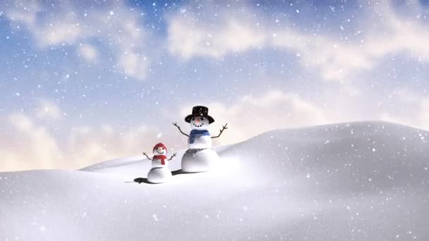 Animación Nieve Cayendo Sobre Muñecos Nieve Sonrientes Paisaje Invierno Navidad — Vídeos de Stock