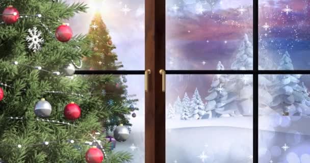 Анімація Снігу Падає Над Ялинкою Зимовому Пейзажі Різдво Традиція Концепція — стокове відео