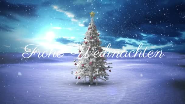 Frohe Weihnachten Testo Neve Cadere Contro Albero Natale Sul Paesaggio — Video Stock