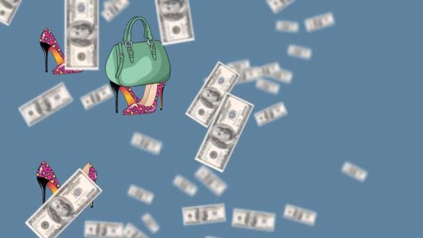 Animation Von Banknoten Und Schuh Symbolen Auf Blauem Hintergrund Mode — Stockvideo