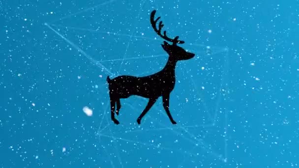Снег Падает Силуэт Северных Оленей Идущих Против Сети Связей Синем — стоковое видео