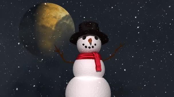 Сніг Падає Над Сніговиком Місяць Нічному Небі Різдвяні Святкування Концепція — стокове відео
