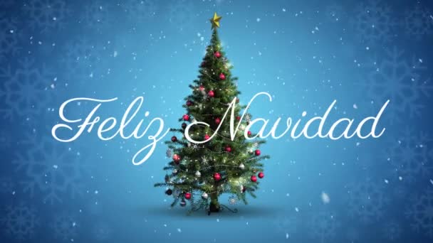 在蓝色的背景上 奈德的文字和雪花飘落在旋转的圣诞树和雪花上 圣诞节的庆祝和庆祝概念 — 图库视频影像