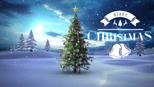 Animation Von Weihnachtsgrüßen Über Winterlandschaft Hintergrund Mit Weihnachtsbaum Weihnachten Winter — Stockvideo