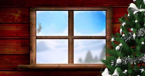 Анімація Санта Клауса Санчатах Оленями Які Видно Через Вікно Різдво — стокове відео