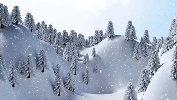 Schnee Fällt Über Mehrere Bäume Der Winterlandschaft Vor Blauem Himmel — Stockvideo