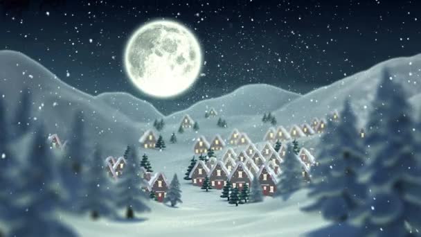 Snowflakes Falling Santa Claus Sleigh Being Pulled Reindeers Winter Landscape — Stock Video