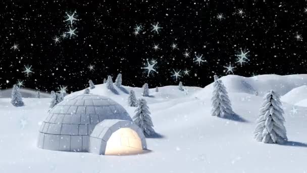 Κινούμενο Χιόνι Πέφτει Πάνω Από Ιγκλού Στο Χειμερινό Τοπίο Χριστούγεννα — Αρχείο Βίντεο